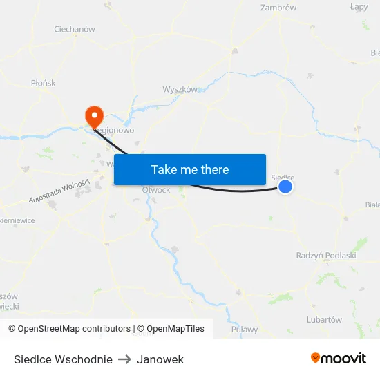 Siedlce Wschodnie to Janowek map