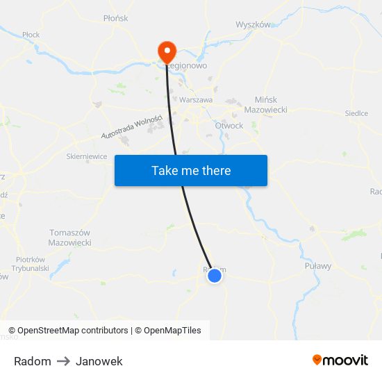 Radom to Janowek map