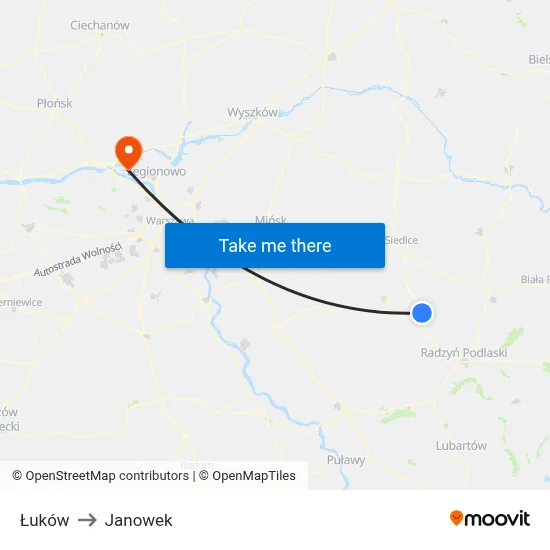 Łuków to Janowek map