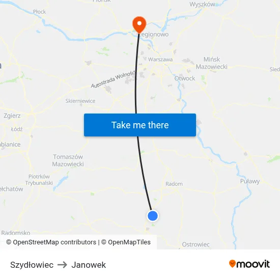 Szydłowiec to Janowek map