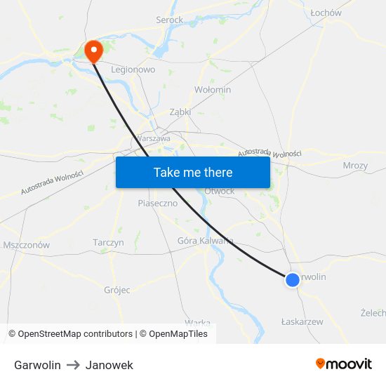 Garwolin to Janowek map