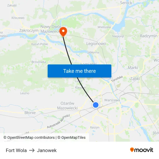 Fort Wola to Janowek map