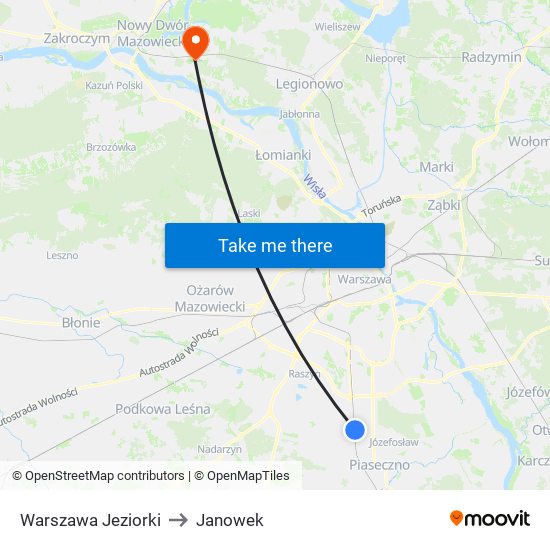 Warszawa Jeziorki to Janowek map