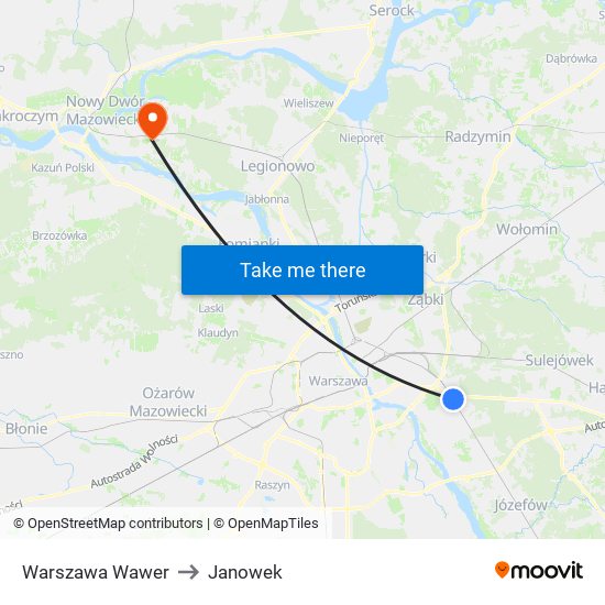 Warszawa Wawer to Janowek map