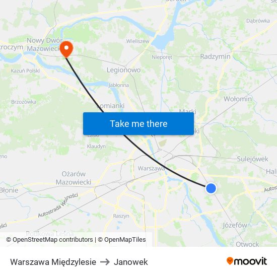 Warszawa Międzylesie to Janowek map