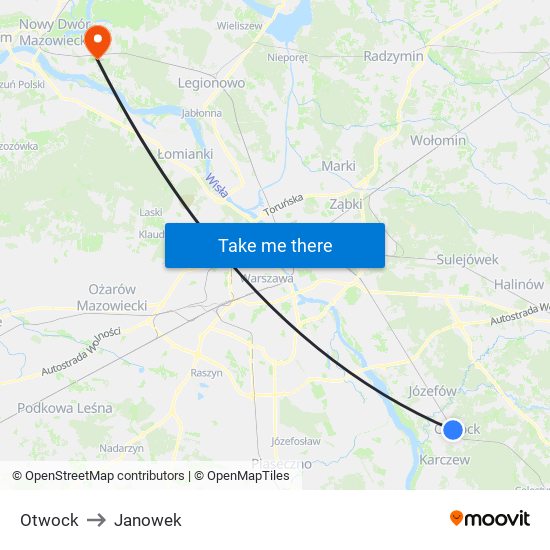 Otwock to Janowek map
