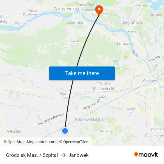 Grodzisk Maz. / Szpital to Janowek map