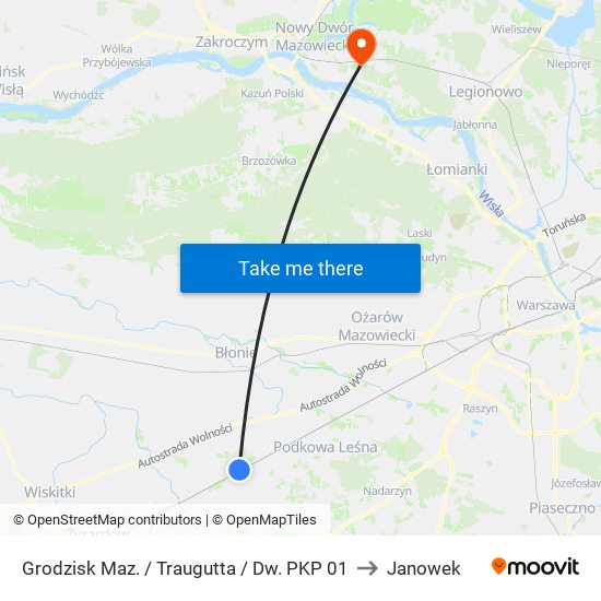 Grodzisk Maz. / Traugutta / Dw. PKP to Janowek map