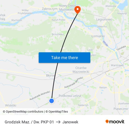 Grodzisk Maz. / Dw. PKP to Janowek map