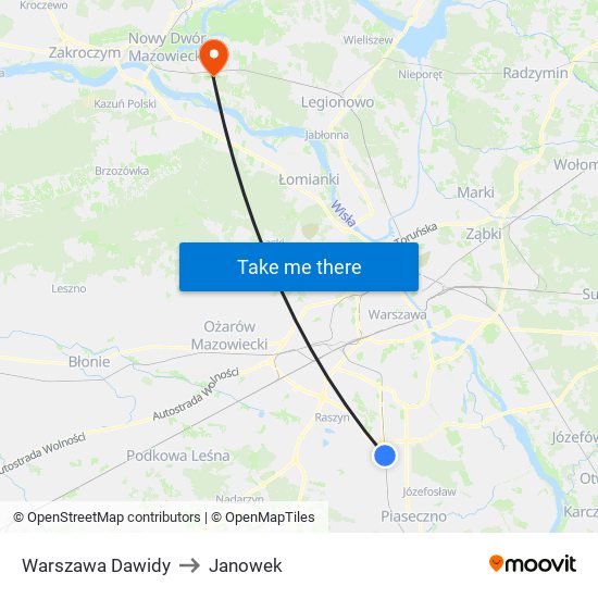 Warszawa Dawidy to Janowek map