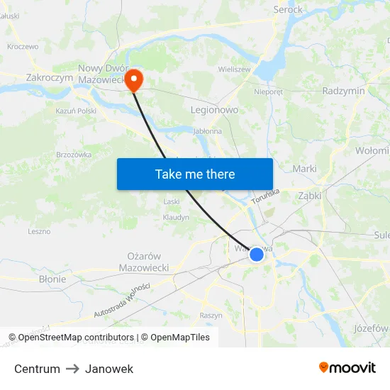 Centrum to Janowek map
