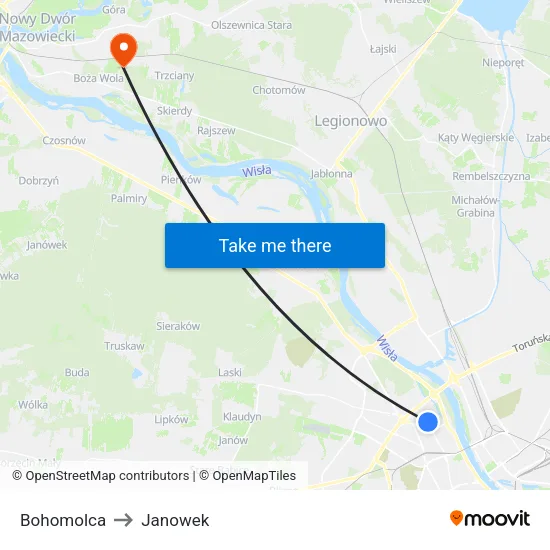 Bohomolca to Janowek map