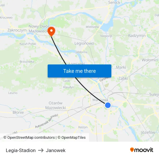 Legia - Stadion to Janowek map
