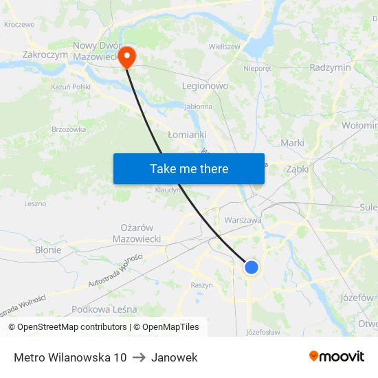 Metro Wilanowska 10 to Janowek map