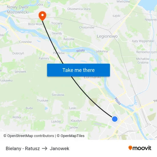 Bielany - Ratusz to Janowek map