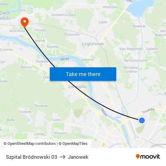 Szpital Bródnowski to Janowek map