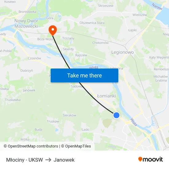Młociny - UKSW to Janowek map
