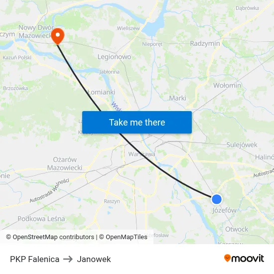PKP Falenica to Janowek map