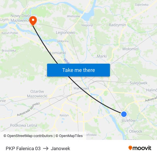 PKP Falenica to Janowek map