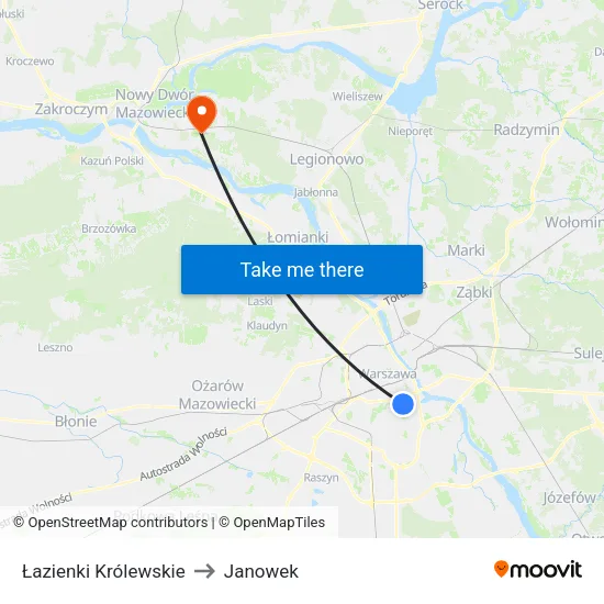 Łazienki Królewskie to Janowek map