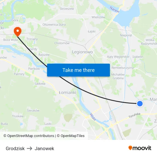 Grodzisk to Janowek map