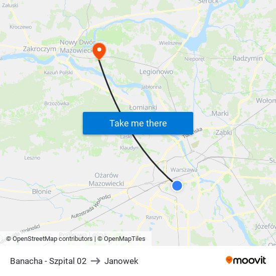 Banacha-Szpital to Janowek map