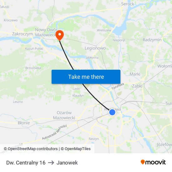 Dw. Centralny to Janowek map