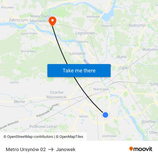 Metro Ursynów to Janowek map