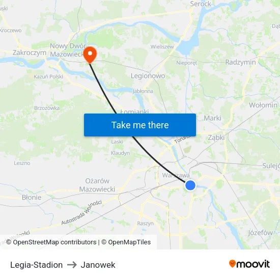 Legia - Stadion to Janowek map