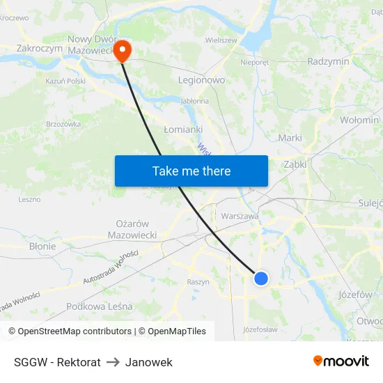 SGGW - Rektorat to Janowek map