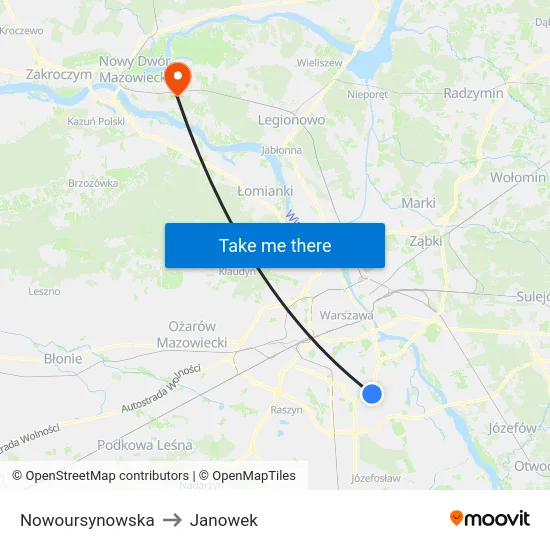 Nowoursynowska to Janowek map