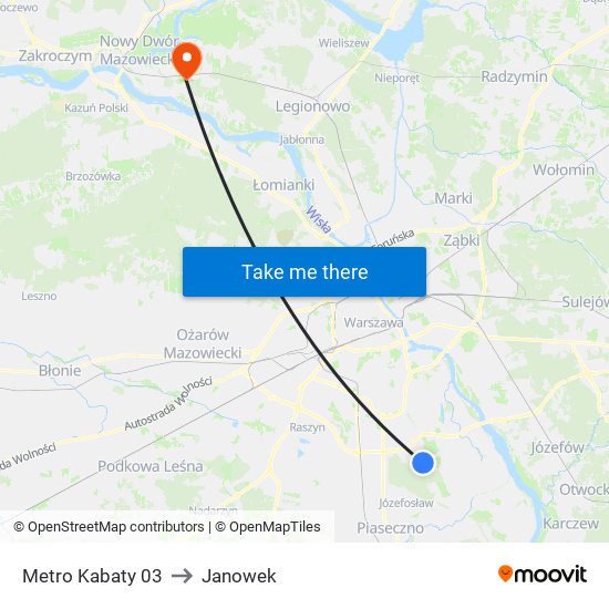 Metro Kabaty to Janowek map