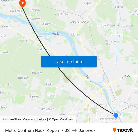 Metro Centrum Nauki Kopernik to Janowek map