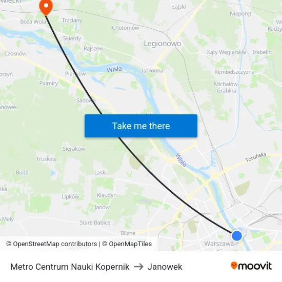 Metro Centrum Nauki Kopernik to Janowek map