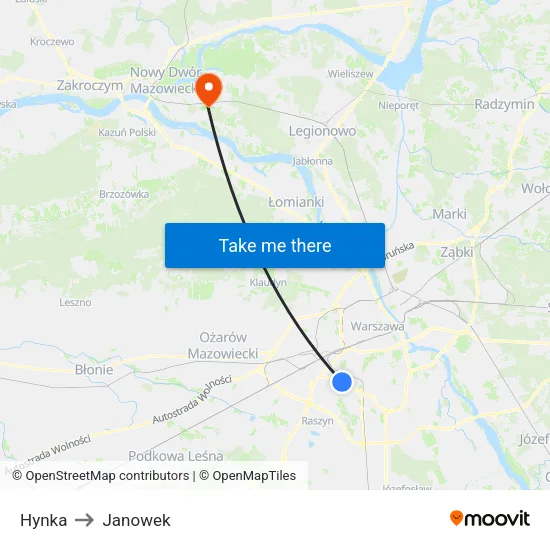 Hynka to Janowek map