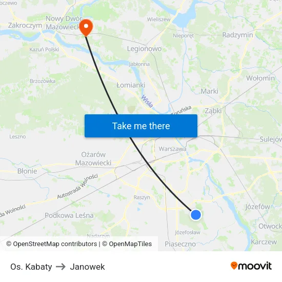 Os. Kabaty to Janowek map