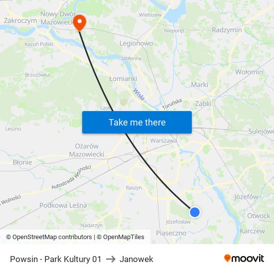 Powsin-Park Kultury to Janowek map