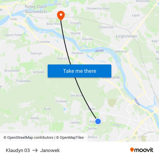 Klaudyn to Janowek map