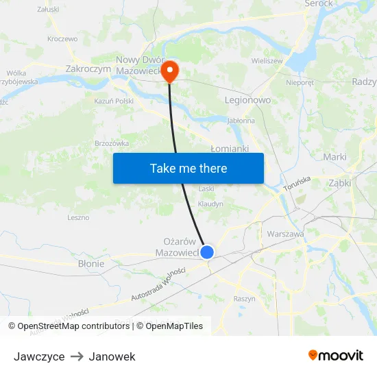 Jawczyce to Janowek map