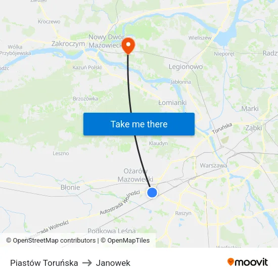 Piastów Toruńska to Janowek map