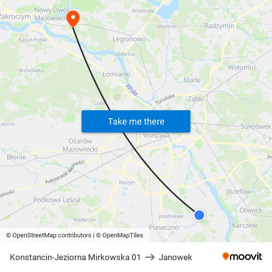 Konstancin-Jeziorna Mirkowska 01 to Janowek map