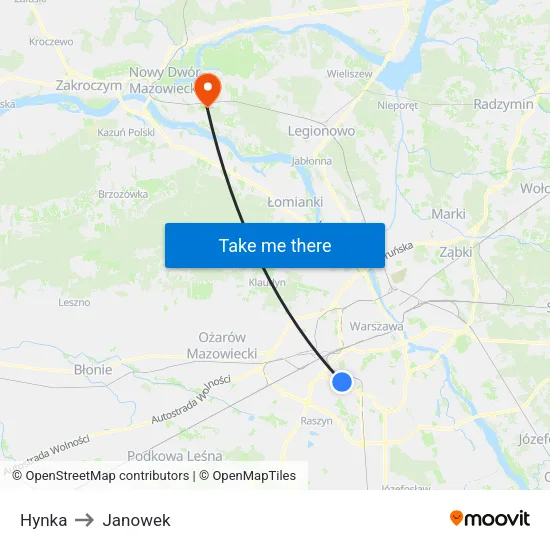 Hynka to Janowek map