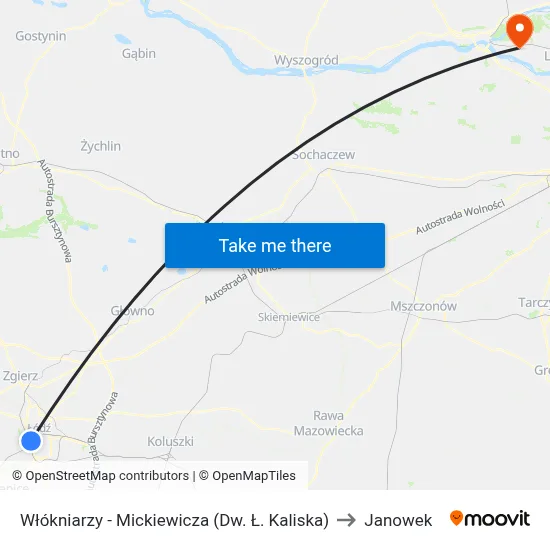 Włókniarzy - Mickiewicza (Dw. Ł. Kaliska) to Janowek map