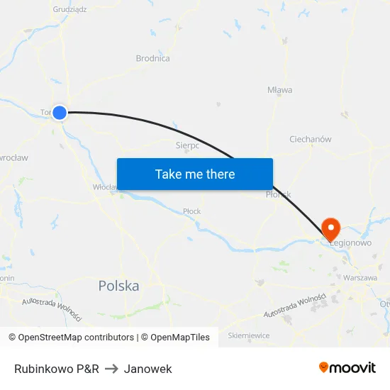Rubinkowo P&R to Janowek map