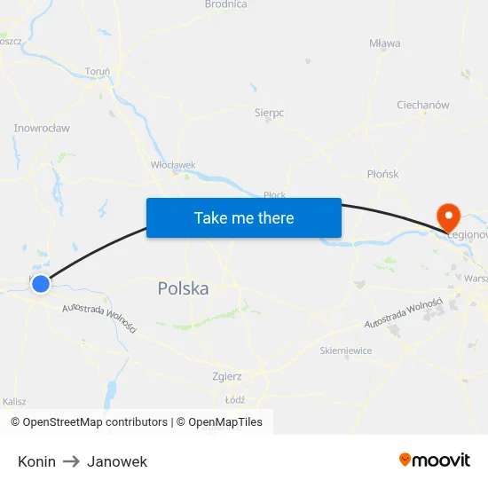 Konin to Janowek map