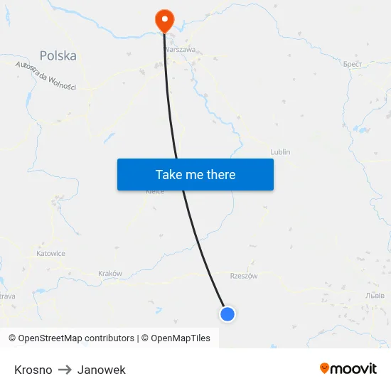 Krosno to Janowek map