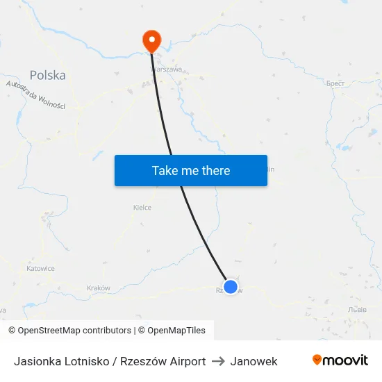 Jasionka Lotnisko / Rzeszów Airport to Janowek map