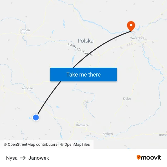 Nysa to Janowek map