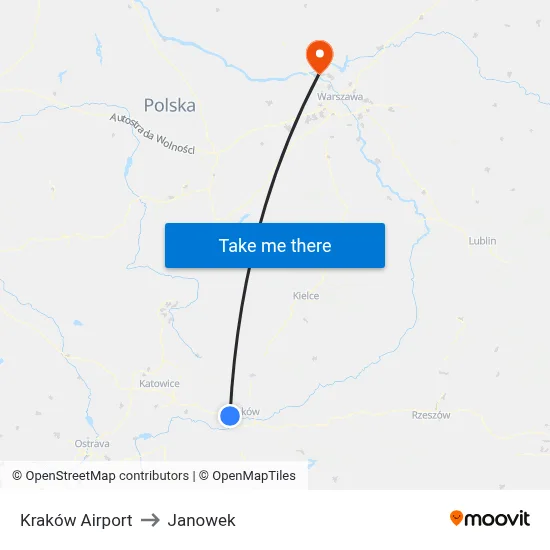 Kraków Airport to Janowek map