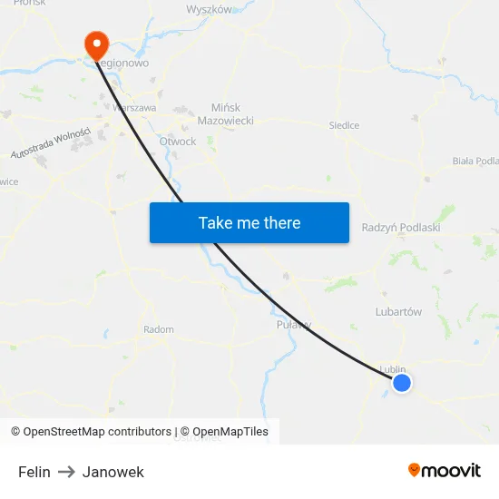 Felin to Janowek map